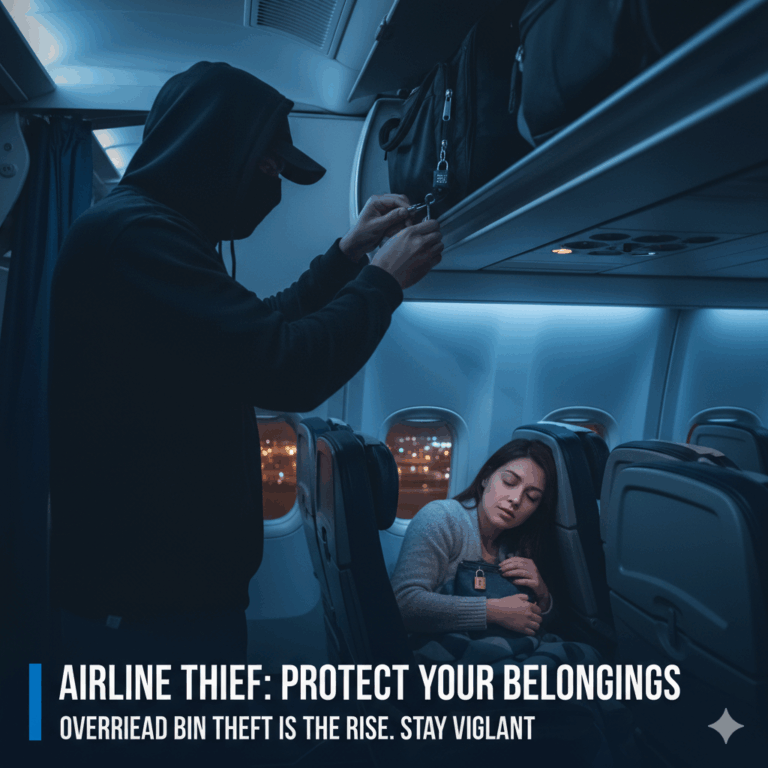 airline theft, overhead bin theft, air thief, in-flight theft awareness, flight safety tips, lost items on flight, bag locks for travel, protect valuables on plane, Hong Kong flights theft, airline responsibility